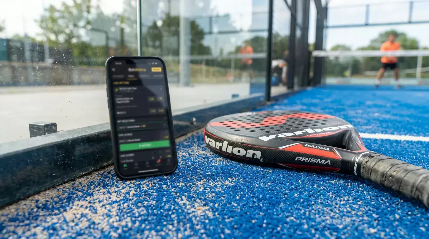 Smartphone mit Sportwetten-App neben einem Padel-Schlaeger auf einem Padel-Court