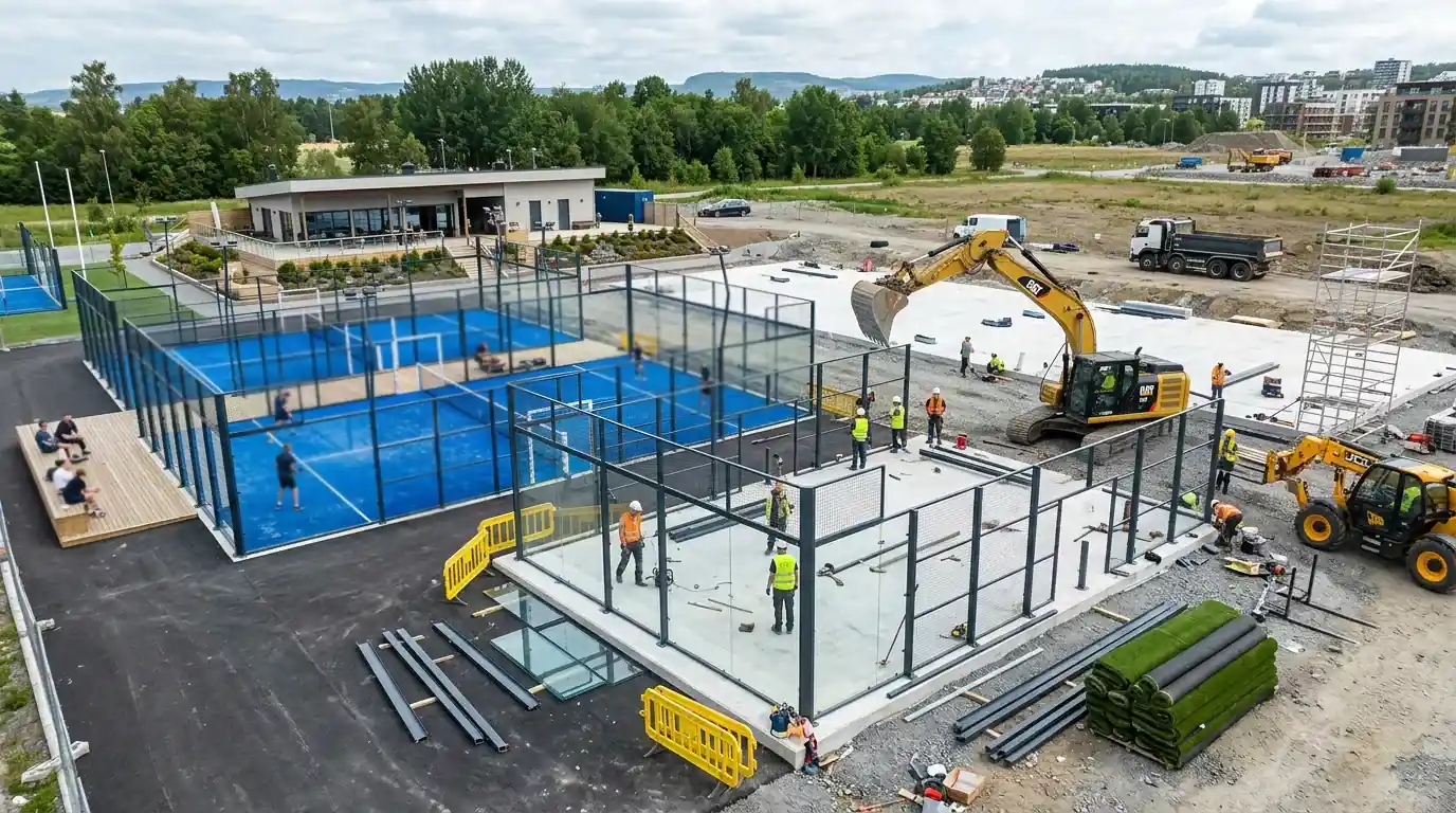 Neue Padel-Anlage im Bau mit fertigen und unfertigen Courts nebeneinander